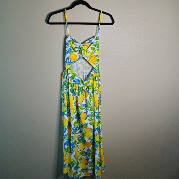 SHEIN Boho Lemon Print Smocked Midi Dress Size S - Picture 2 of 11